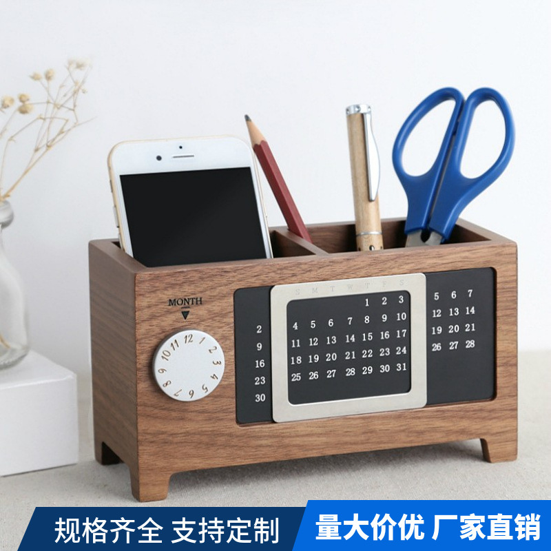 Titular de la pluma de madera maciza multifuncional Oficina Decoración de escritorio caja de almacenamiento de madera Calendario de regalo creativo titular de la pluma de madera