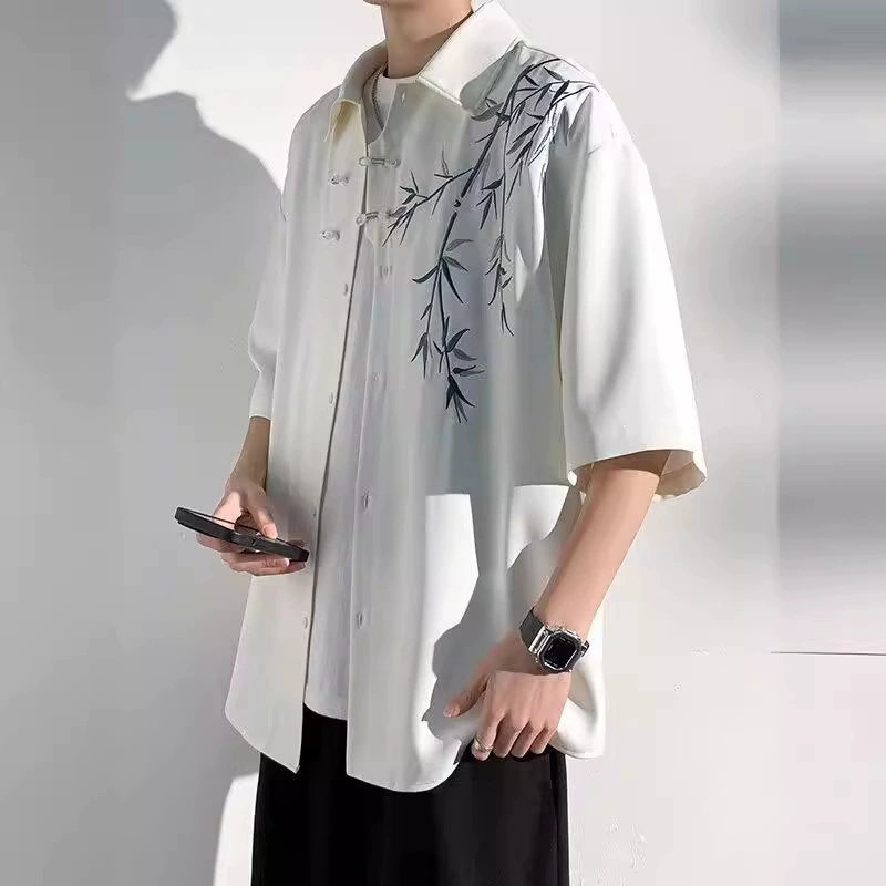 Летняя рубашка, китайский стиль, oversize, с вышивкой, с коротким рукавом