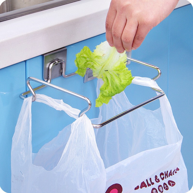 Stainless Steel Garbage Bag Storage Hook Kitchen Cabinet Bracket Hanging Support Shelf Portable Garbage Rack Artifact