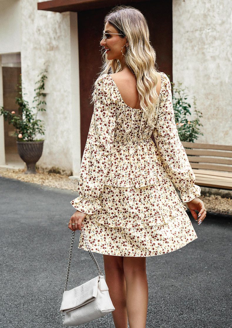 Printing Design Casual, Elegant Style Women's Swing Dress Casual Elegant Square Neck Printing Long Sleeve Ditsy Floral Above Knee Street