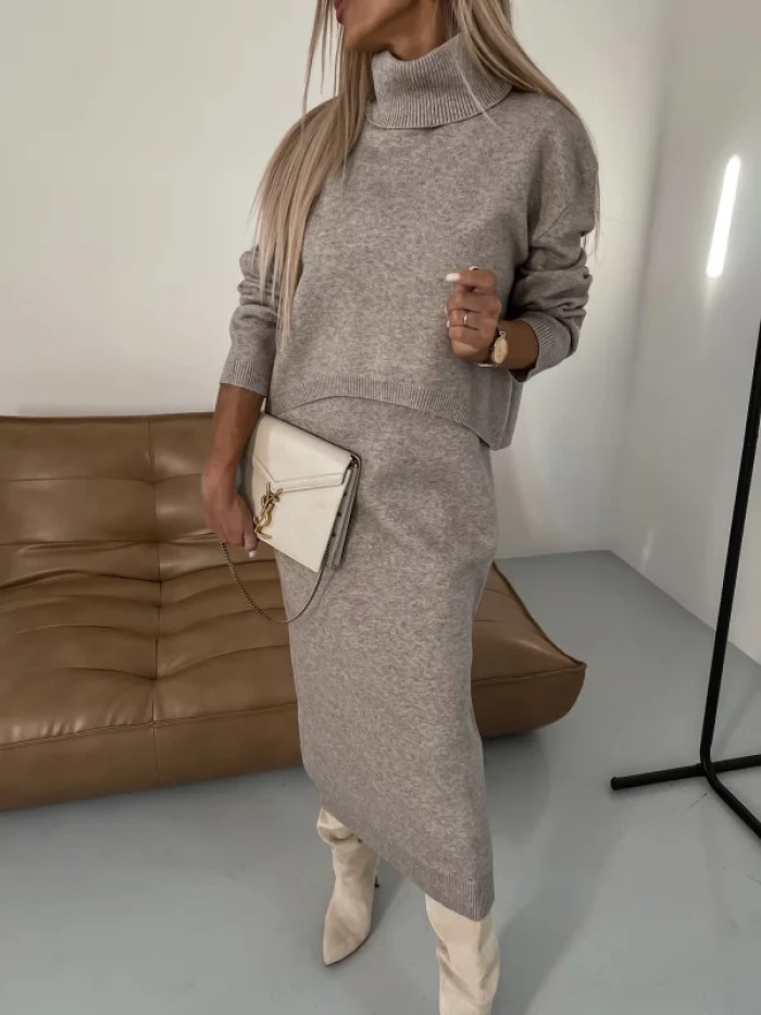 Dam set stickad tröja och kjol elegant för höst och vinter_voghion.com