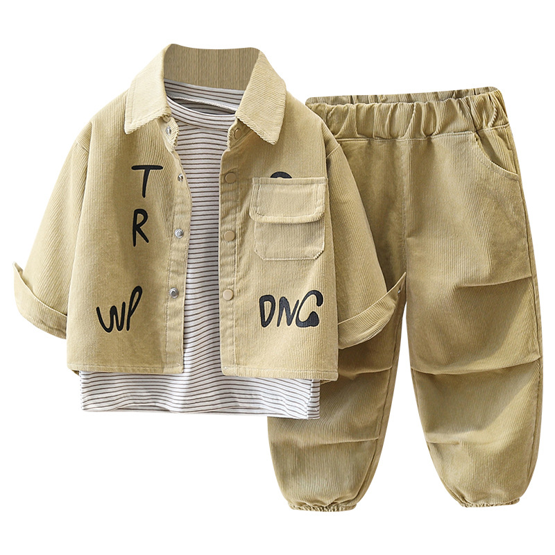 5860 Traje de otoño para niños 2025 Nuevo estilo Camisa de manga larga de primavera y otoño para niños Traje de tres piezas de pana para niños