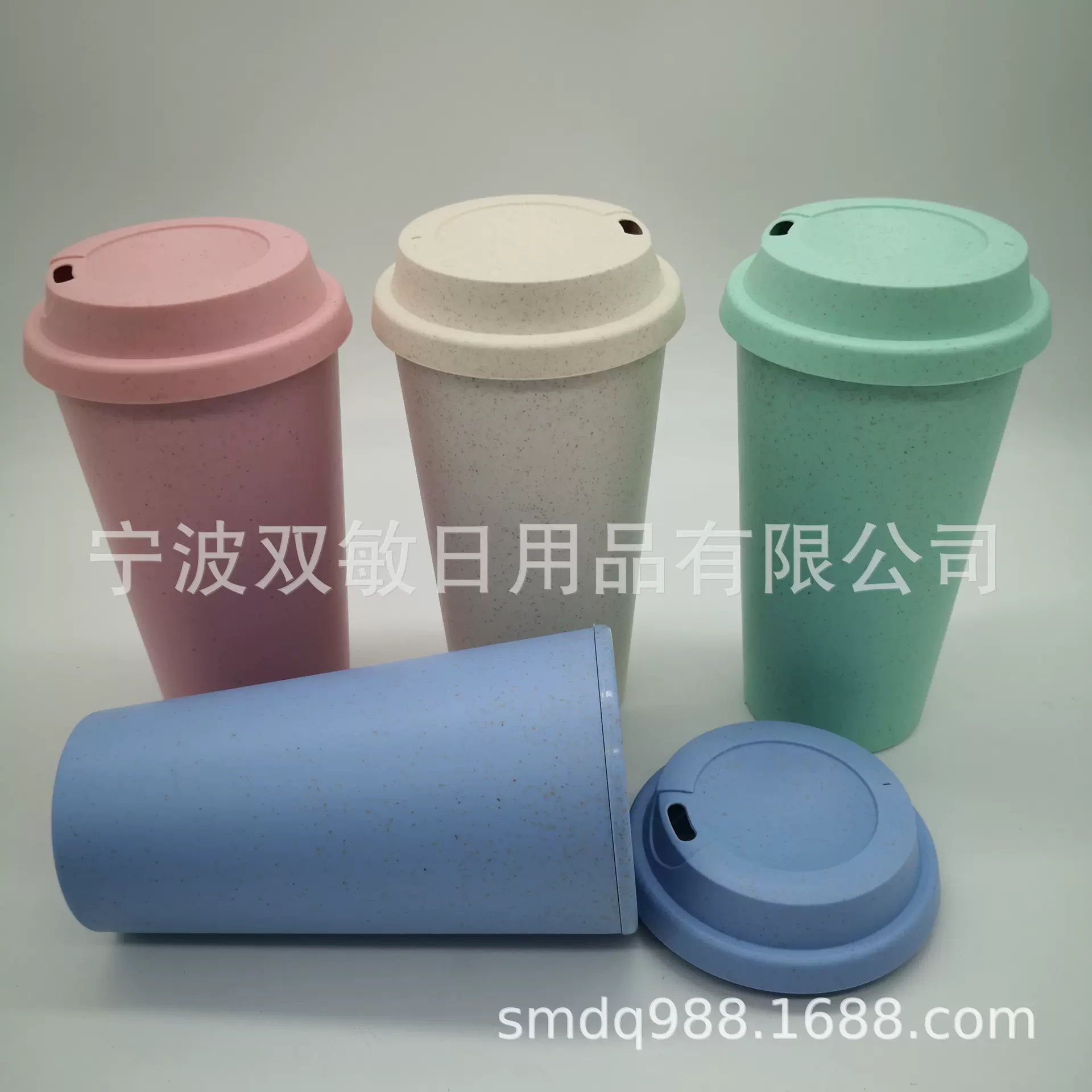 16oz食品级PP塑料螺纹咖啡杯 450ML双层马克杯 小麦秸秆随手杯