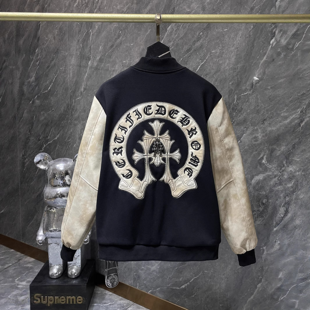 2025 New Ch Crow Sanskrit Cross Woolen Leather Sleeve Splicing Baseball Embroidered Jacket for Men and Women