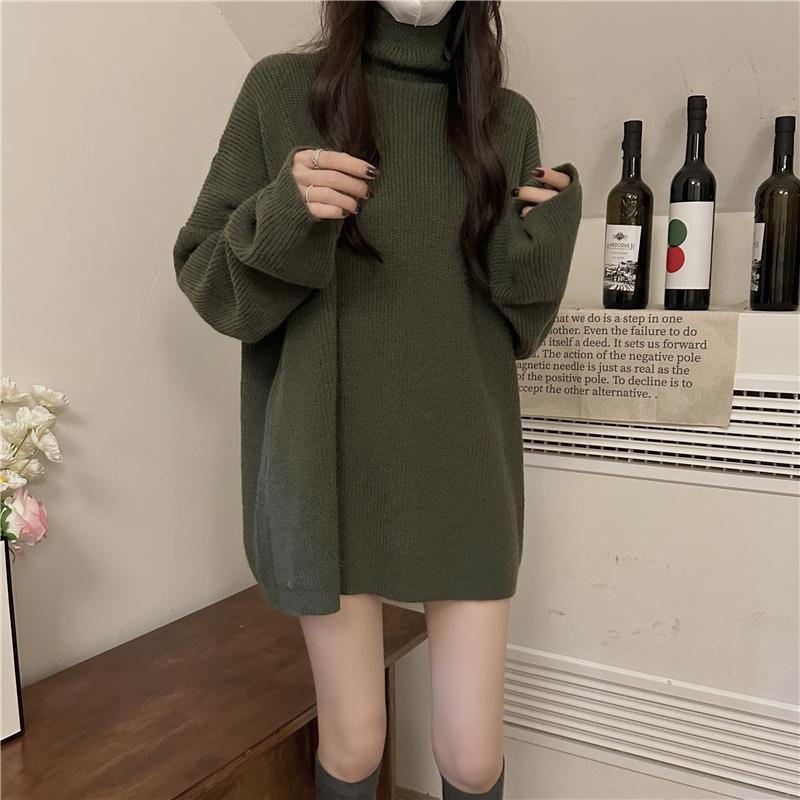 한국 스타일 레트로 2024 새로운 중간 길이 겨울 하이 칼라 게으른 스웨터 니트 언더 슈트 누락 루즈 탑 트렌디