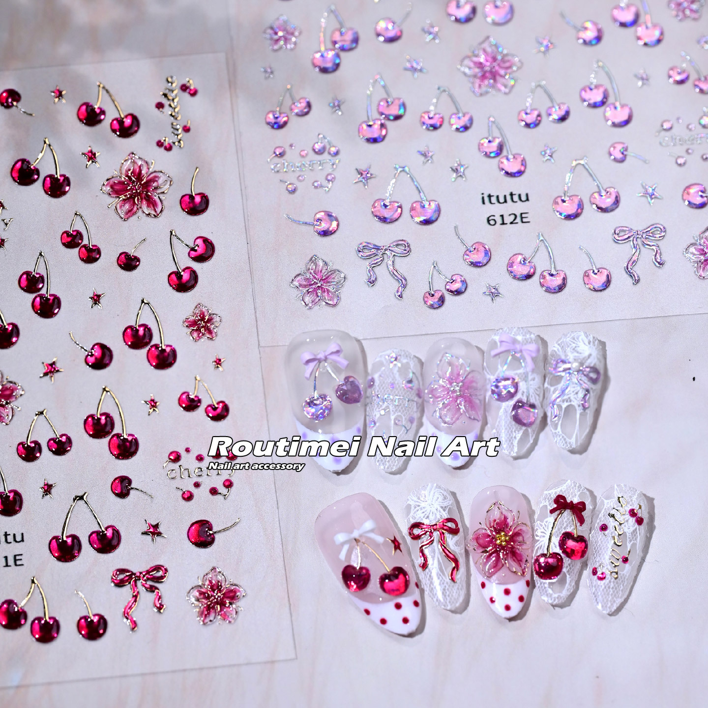 Summer Cherry Dream Fresh Little Flower New Laser Pink 3D Nail Art Stickers Fingertip Fruit DIY Decoration Stickers