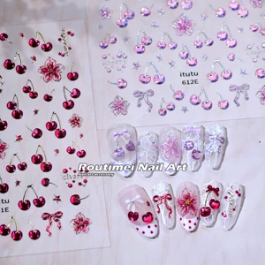 Summer Cherry Dream Fresh Little Flower New Laser Pink 3D Nail Art Stickers Fingertip Fruit DIY Decoration Stickers