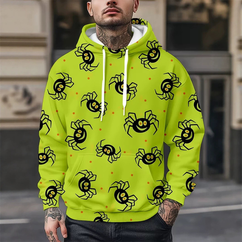 Foreign trade Halloween men's neon green spider print hooded sweatshirt, suitable for Halloween party costumes