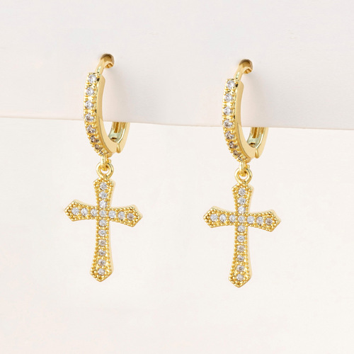 Cross-border fashion micro-set zirconia cross pendant earrings with bow and palm shape ear hooks for women, lightweight luxury, niche earrings