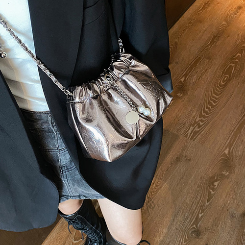 Women's Handbag with Pleated Cloud Design, Summer Chain Crossbody Bag, Elegant and Versatile Single Shoulder or Tote Bag, Ins Style Bucket Bag