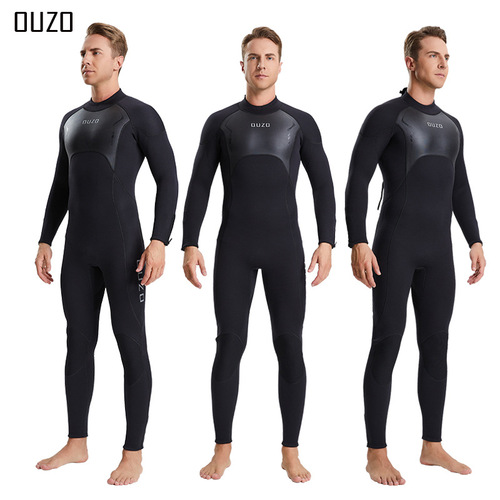 OUZO new 3mm wetsuit men's long-sleeved one-piece wetsuit thickened warm surfing suit winter swimsuit snorkeling suit