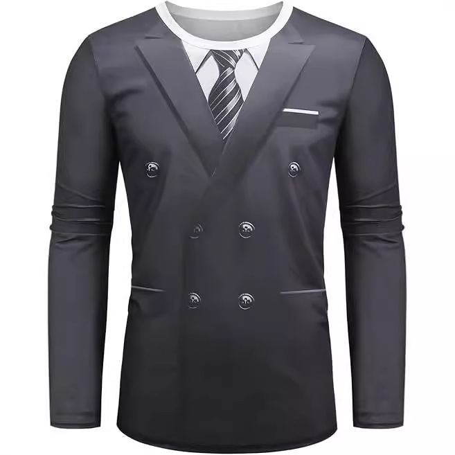 2024 Cross-Border Amazon Men's 3D Printed Realistic Suit Tuxedo Long Sleeve T-Shirt Manufacturer