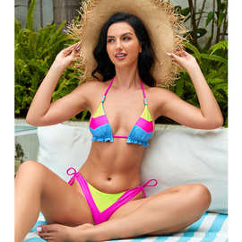 2025年新款跨境泳衣女比基尼分体泳装欧美性感拼色系带沙滩bikini