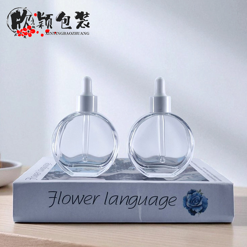 现货扁形60ml滴管精油瓶 透明厚底精华液精油分装瓶化妆品包材