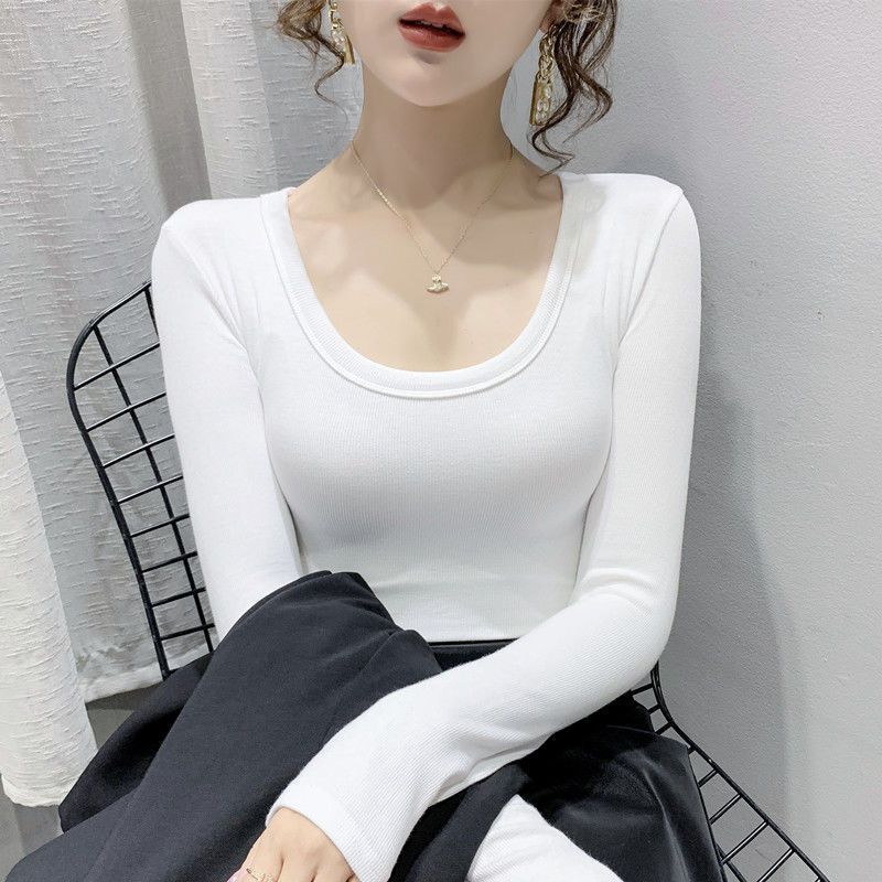 Threaded Combed Cotton U-Neck Inner Base Shirt Women's Spring and Autumn Korean Style Slim-Fit Slimming Low-Neck Trendy T-Shirt Women's Top