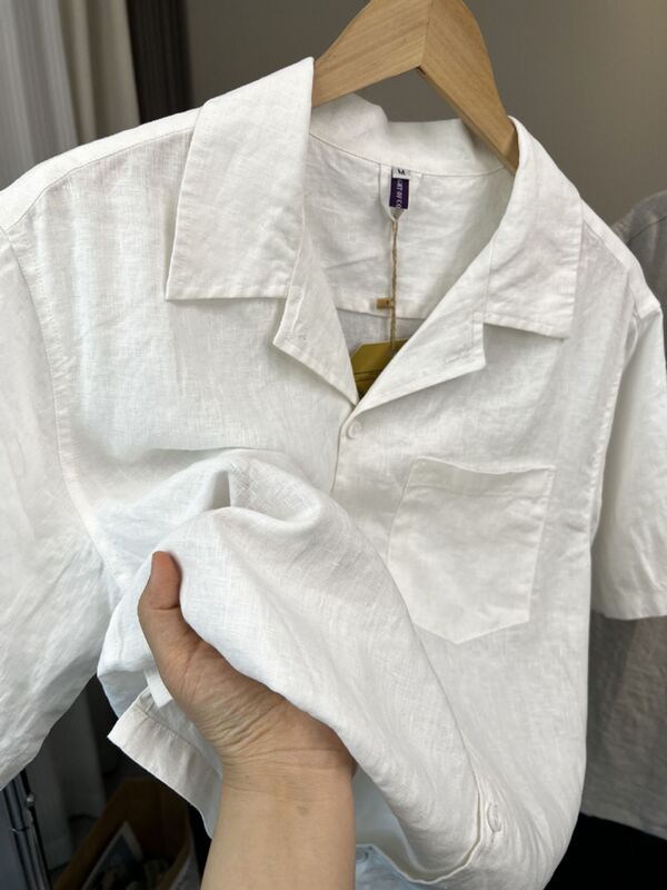 100%亚麻！ 经典古巴领！夏季男士外贸纯色休闲透气宽松短袖衬衫|undefined