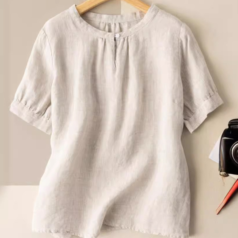 Short-sleeved Shirt Women's Summer Solid Color Casual Artistic Loose Cotton Top Sense Design plus size All-match Slimming Crewneck