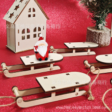 新款圣诞木质工艺品节日拼装DIY家居迷你雪车桌面摆件 原木色花纹