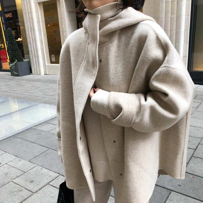 Korean Style New Loose Cocoon-Shaped Hidden Button Hooded Double-Sided Handmade Coat for Women, Short Style