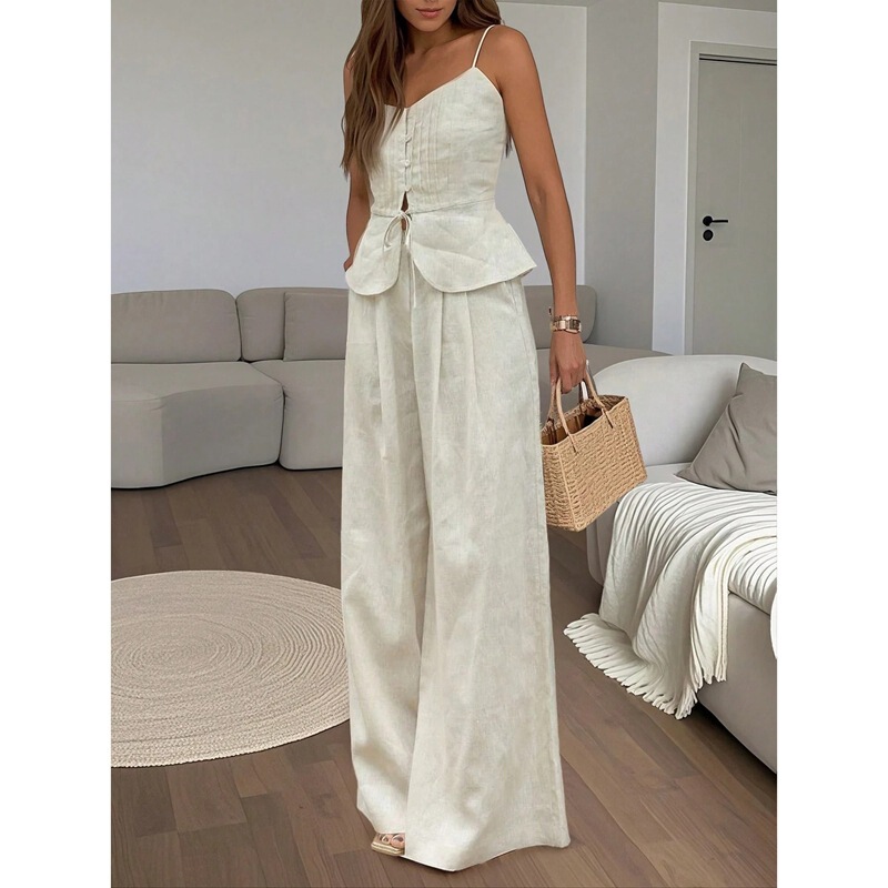 French-style fishbone waist-cinching suspender wide-leg pants set, new summer linen-effect slimming two-piece set, cross-border European and American fashion French-style fishbone waist-cinching suspender wide-leg pants set, new summer linen-effect slimming two-piece set, cross-border European and American fashion