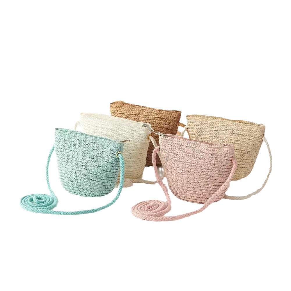Bolsos para niños Bolso tejido de paja de primavera y verano para mujer Bolso bandolera para niña con cremallera Monedero para niño Bolso pequeño de tablero de luz de bricolaje