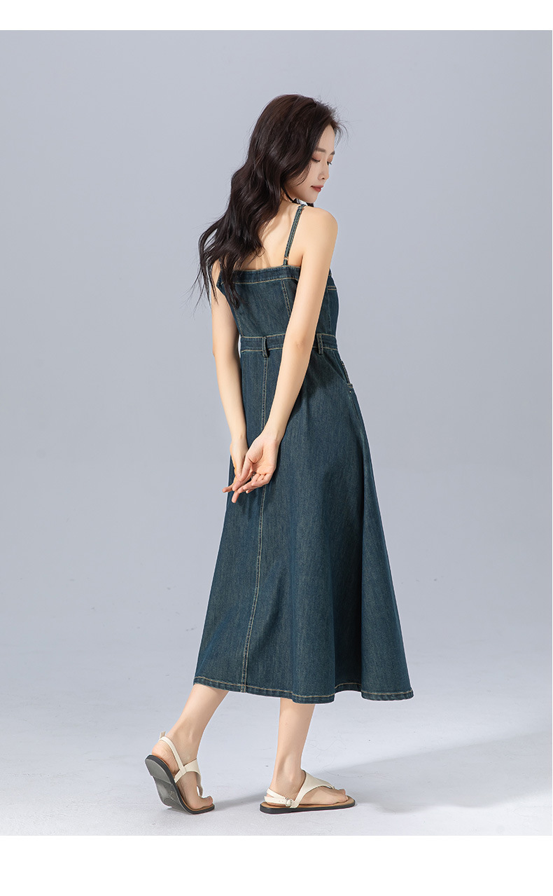 Váy liền hai dây denim cổ điển dáng chữ A thắt eo che hông dài — Xanh đá quý chi tiết 23