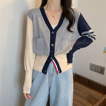 秋冬新款韓版時尚氣質減齡拼色毛衣外套開叉領單排扣針織開衫女