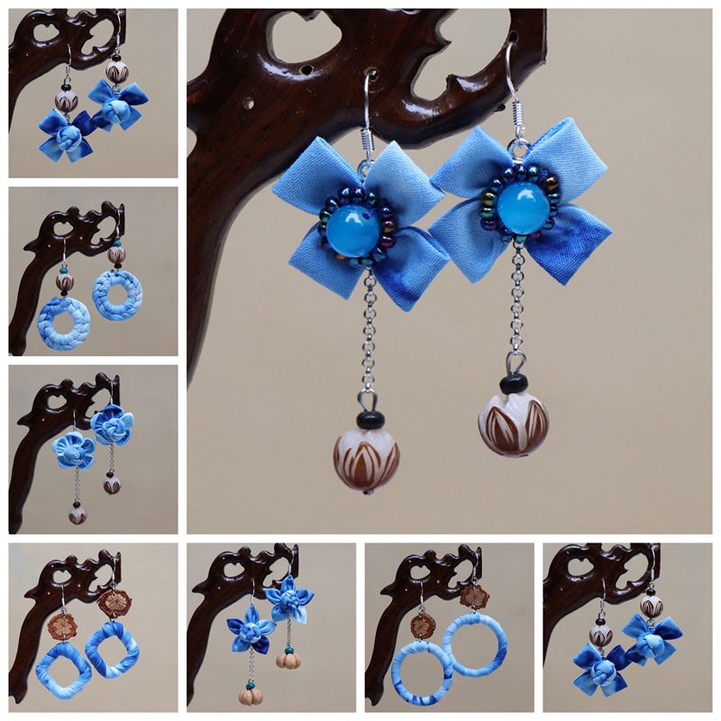 批发云南布艺耳环扎染蓝染耳环耳坠民族风盘扣花朵蓝耳饰森果耳饰