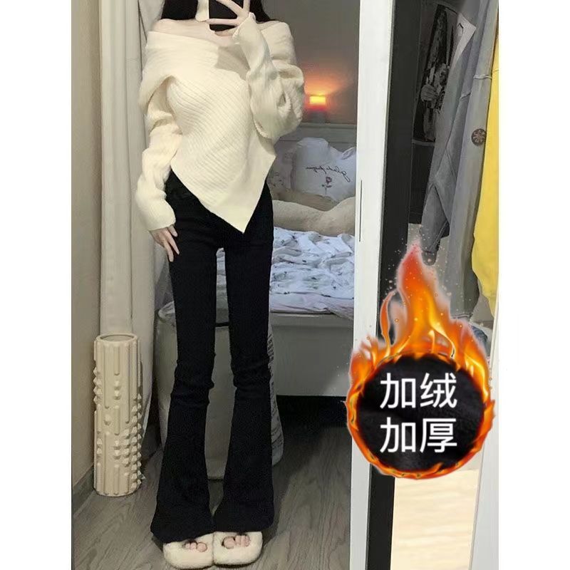 High-Waisted Slimming Black Flared Jeans for Women 2025 New Autumn and Winter Fleece-Lined Petite Stretchy Slimming Bell-Bottom Pants