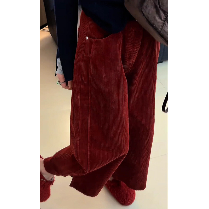 2025 New Autum Fashion High-Waisted Red Corduroy Versatile Pants for Women Loose Hip-Covering Simple Wide-Leg Pants