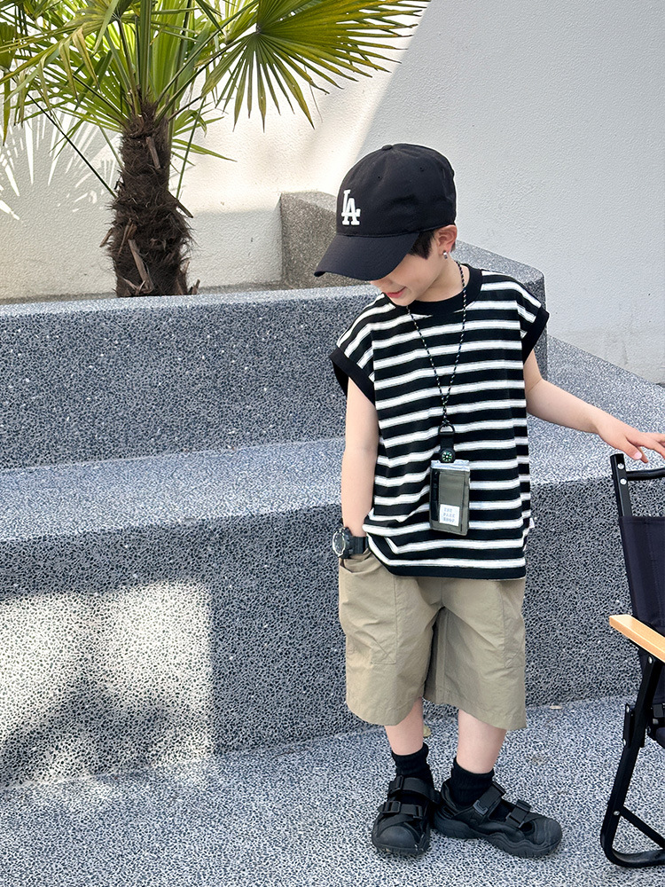 Niños de verano camiseta de mangas cortas chaleco sin mangas 2026 verano nuevo bebé chaleco a rayas sueltas 5