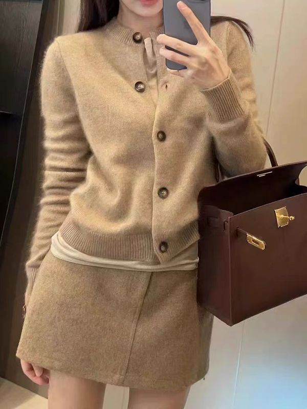 新款100%羊毛开衫女2025秋冬休闲风圆领针织衫复古洋气软糯毛衣|undefined
