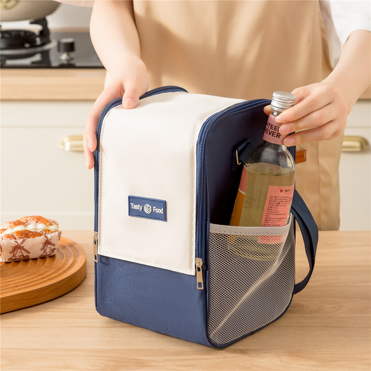Square Double-Zip Insulated Bag, Portable Lunch Box Bag, Thickened Aluminum Foil Lunch Bag, Cross-Body Large Capacity Bento Bag, Picnic Bag