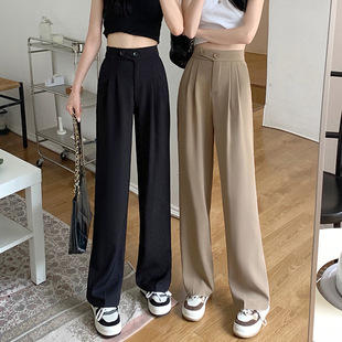 Костюм, дизайнерские приталенные черные брендовые штаны, свободный прямой крой, в корейском стиле, тренд сезона, высокая талия