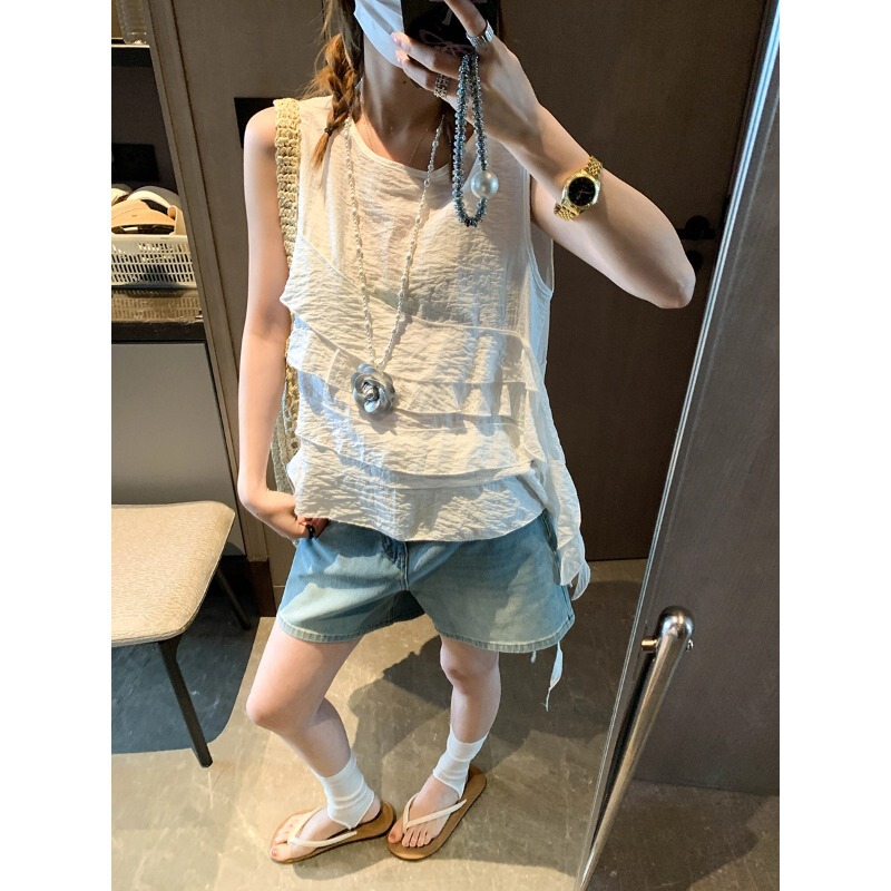 Mochie Gentle Girl Style Linen Blend Multi-Layer Irregular Ruffle Ribbon Sleeveless Blouse Mq1521