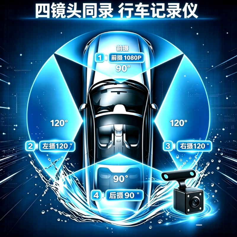 Cross-border four-lens dashcam with high-definition night vision, simultaneous four-record display, mobile phone connectivity, and in-car four-record recorder