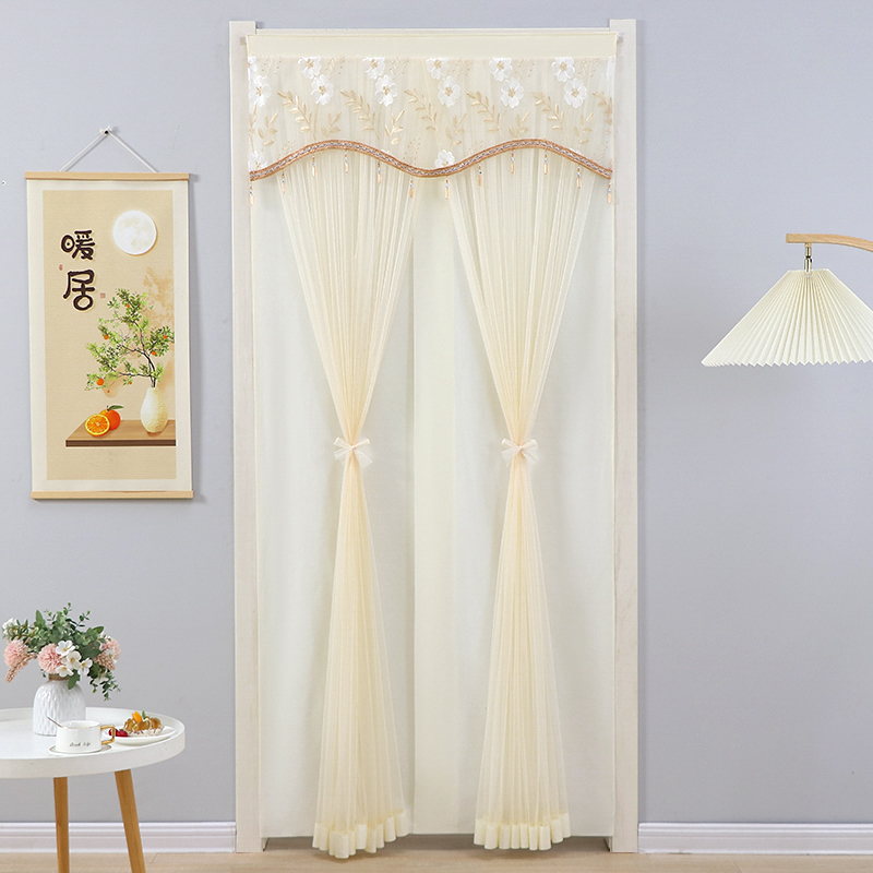 New Bedroom Door Curtain Double-Layer Lace Fabric Anti-Privacy Door Curtain Universal for All Seasons Without Punching Telescopic Rod