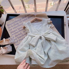 韓國童裝女童夏裝復古公主裙薄荷綠荷葉邊大擺公主蓬蓬無袖連衣裙