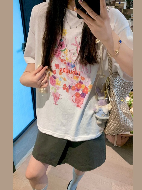 2025 夏モネガーデンヘビービーズルーズ多用途プリント Tシャツ女性の夏のラウンドネックフラワー半袖トップ|undefined