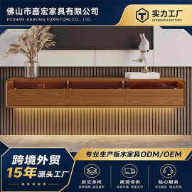 悬挂式带灯胡桃色电视柜木饰面开放式储物柜现代客厅家用收纳柜子