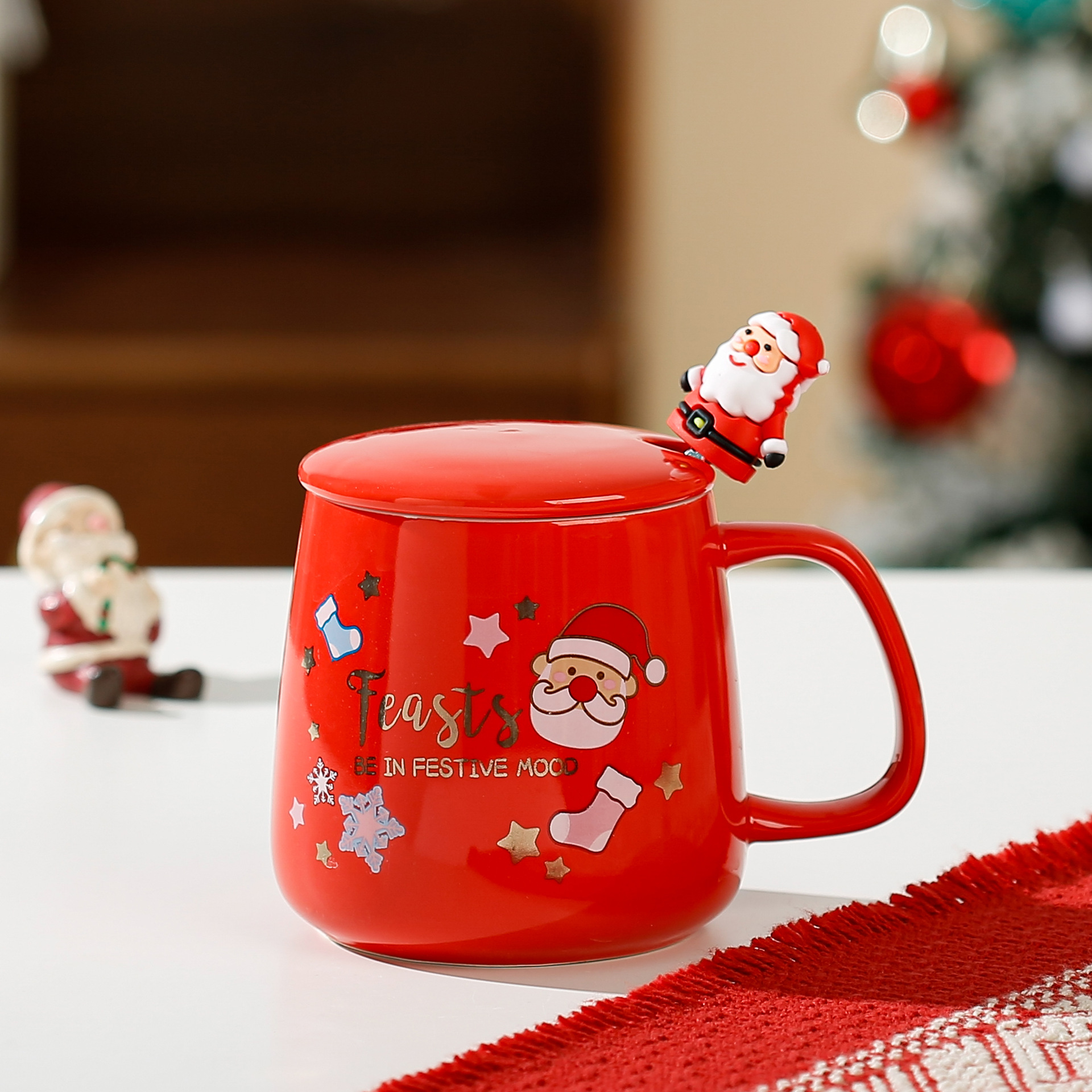 Juego de Tazas de Cerámica con Tapa y Cuchara, Taza para Agua, Regalo de Navidad, Recuerdo, Edición Limitada de Navidad
