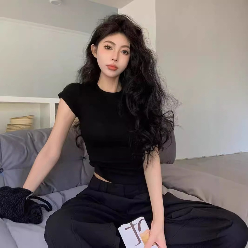 灰色短袖t恤女夏季修身显瘦叠穿内搭打底衫纯色外贸掐腰上衣|undefined