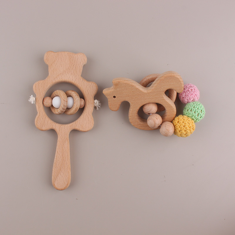 Beech Bear Bell Baby Molars Bracelet Handmade Beads Cartoon Handbell Juguetes para niños dos piezas