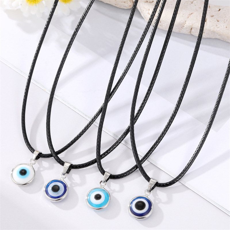 Turkey Blue Eyes Pendant Necklace Silver Covered Eye Leather Rope Necklace display picture 5