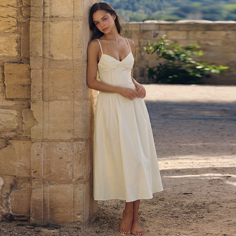 2026 nuevo estilo de verano europeo y americano de ropa de mujer elegante de color sólido cintura baja cintura de pescado vestido grande