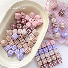 复古ins风百搭格子圆润格纹方块散珠直孔串珠DIY手机链亚克力配件