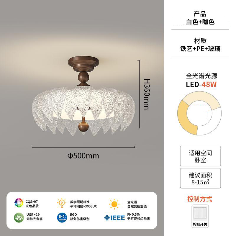 Lámpara de techo de dormitorio de estilo antiguo francés Lámpara de protección ocular de estudio de espectro completo LED de cristal retro de lujo ligero americano