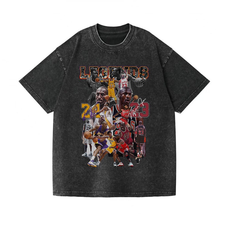 Basketball Short-Sleeved T-Shirt Retro Cross-Border Washed Old Direct Spray Trendy Brand Pure Cotton High Street Retro Printing Customization