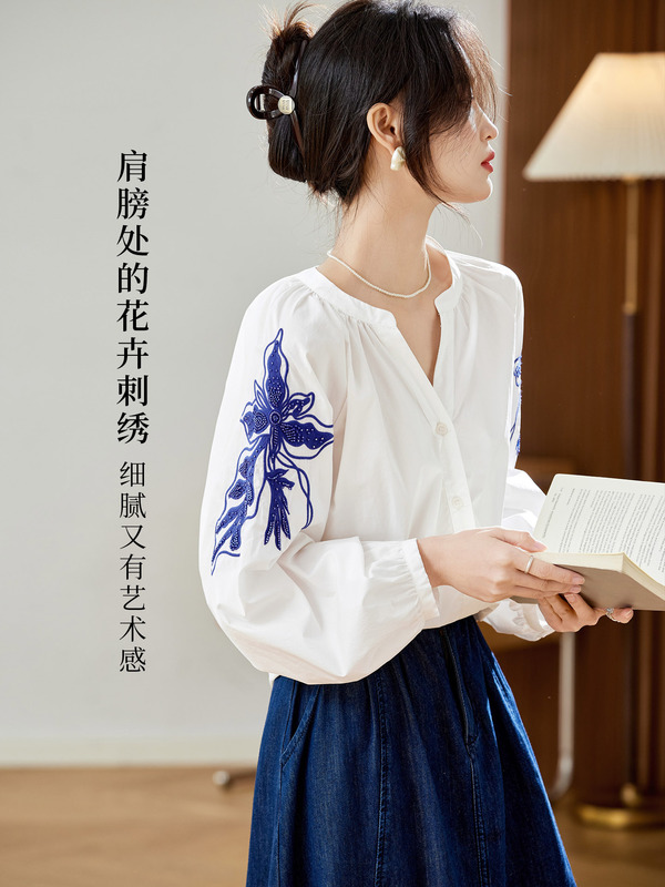 棉茧 绣花白衬衫女长袖2025秋冬装新款灯笼袖宽松上衣纯棉衬衣|undefined
