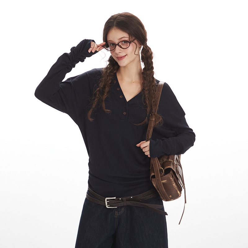 HeyHenry Women's V Neck Slim Fit Long Sleeve T-Shirt Designer Fashion for Autumn Suitable for Inner Layers_ecoleips.com